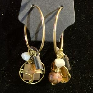 Gold And Brown Stones Wire Hoop Earrings